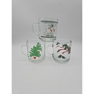 Lot of 3 Vintage Christmas Coffee Mugs Anchor Hocking & Luminarc Clear Glass